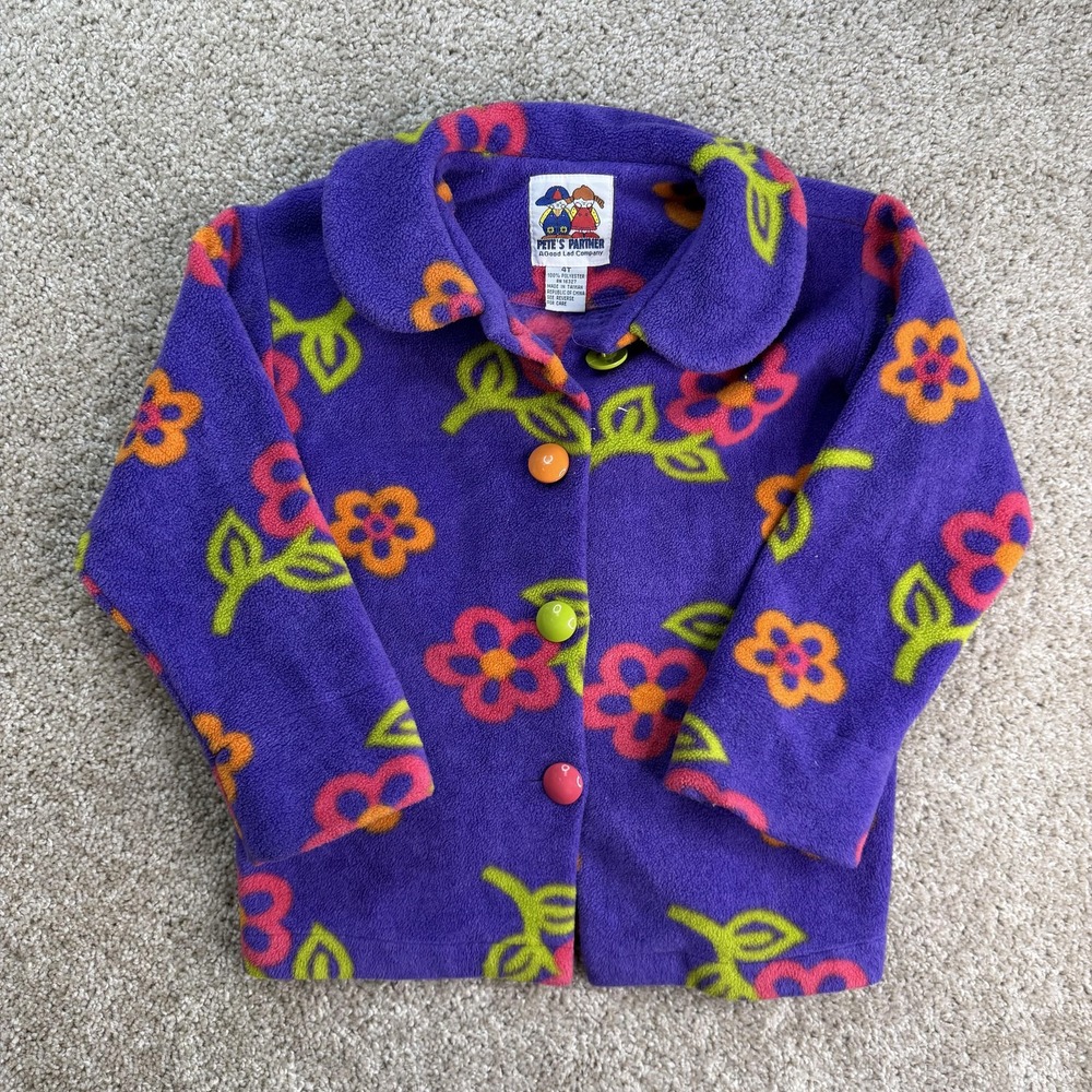 Vintage Pete's Partner Jacket Toddler Girls 4T Purple Floral Fleece Button